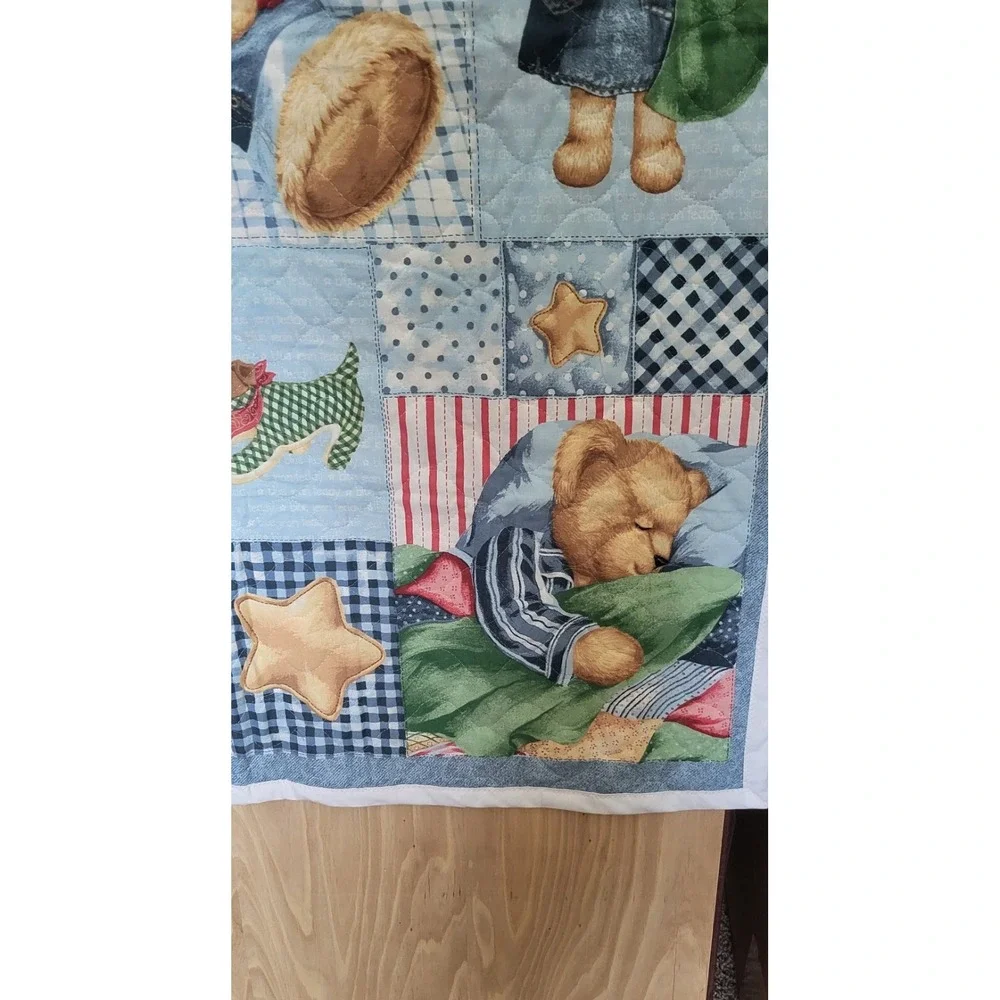 Vintage Teddy Bear Patchwork Quilted Baby Blanket Blue Gingham‎ Stars 34x44
